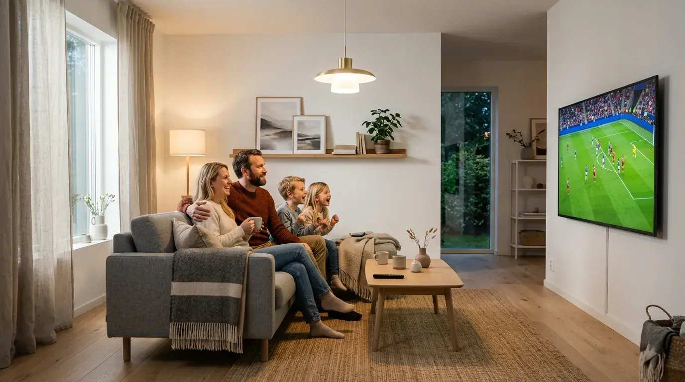 Family watching live 4K sports on modern television using USA EZStream
