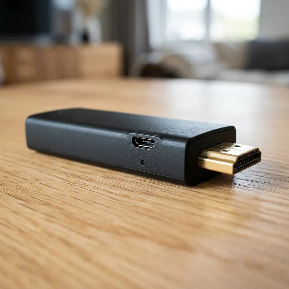 Precision macro close-up of USA EZStream gold-plated HDMI connector and chassis