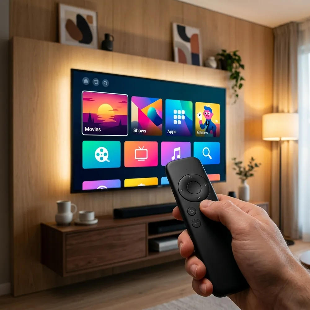 Pointing minimalist remote control at television screen for instant 4K streaming
