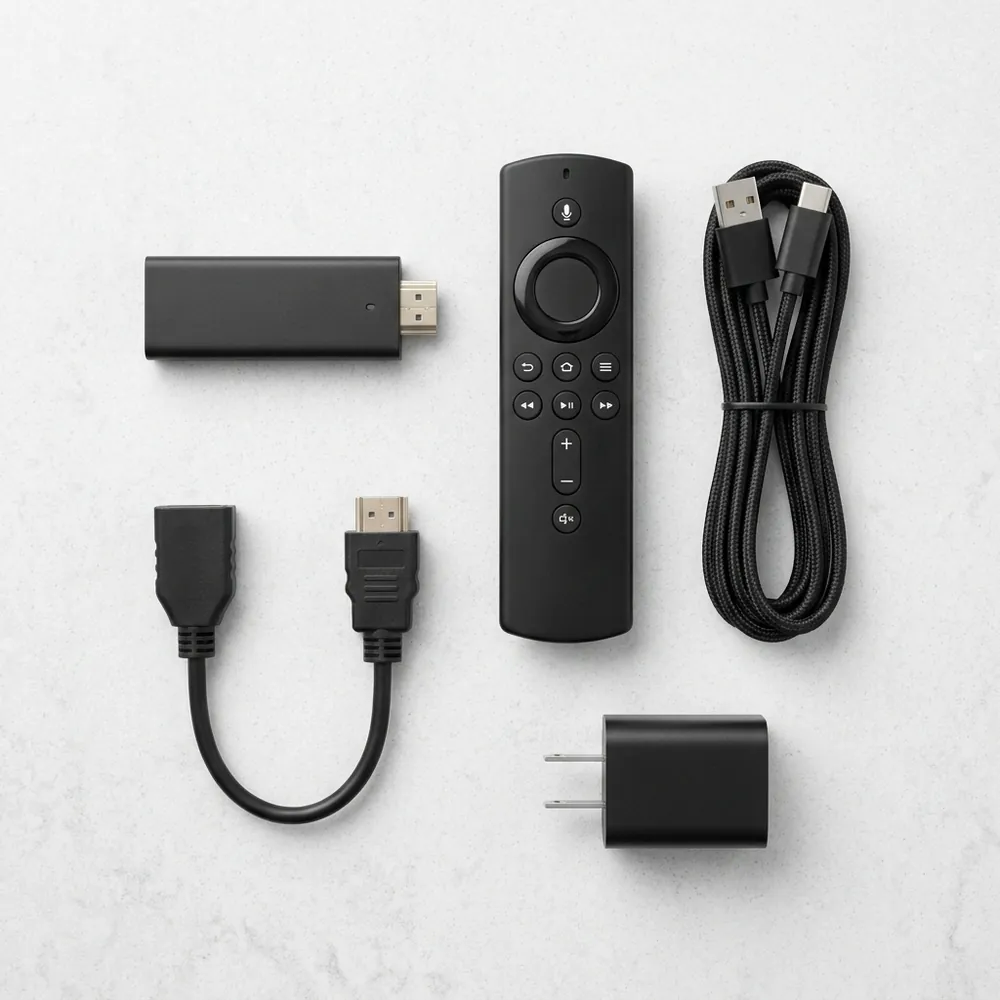 Complete knolling flat-lay manifest of USA EZStream TV Box retail package contents